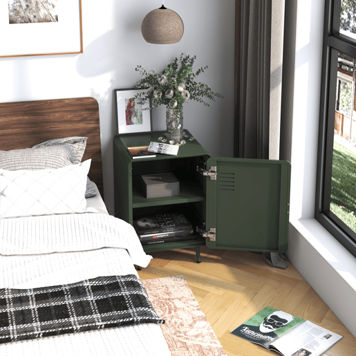Armário Metálico Pequeno Com Porta e Prateleira Interna, Design Retrô Com Pés de Aço, Móvel Auxiliar Para Sala ou Quarto, Estrutura Resistente e Cantos Arredondados Verde