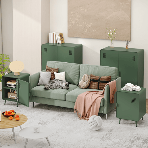 Armário Metálico Pequeno Com Porta e Prateleira Interna, Design Retrô Com Pés de Aço, Móvel Auxiliar Para Sala ou Quarto, Estrutura Resistente e Cantos Arredondados Verde