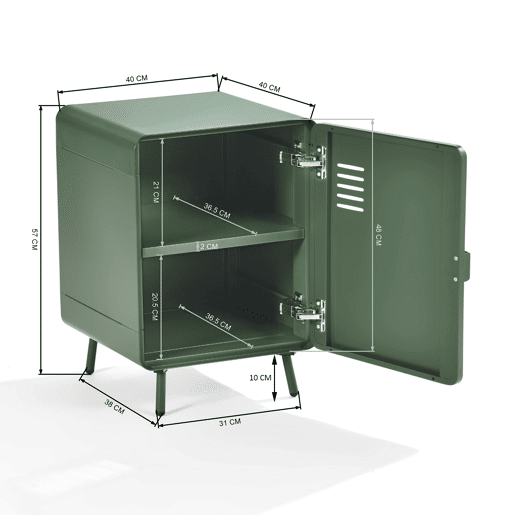 Armário Metálico Pequeno Com Porta e Prateleira Interna, Design Retrô Com Pés de Aço, Móvel Auxiliar Para Sala ou Quarto, Estrutura Resistente e Cantos Arredondados Verde