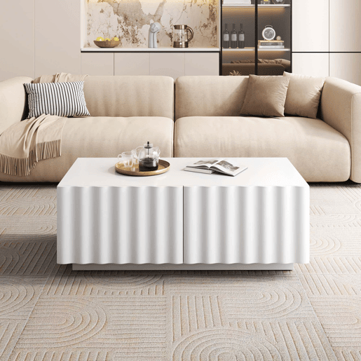 Mesa de centro sem especificações - design ondulado com duas gavetas, estilo moderno e minimalista com espaço de arrumação - branco Mesa de centro sem especificações - design ondulado com duas gavetas, estilo moderno e minimalista com espaço de arrumação - branco