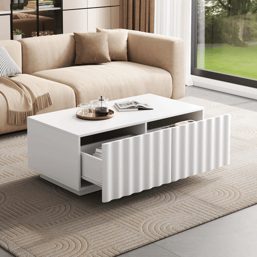 Mesa de centro sem especificações - design ondulado com duas gavetas, estilo moderno e minimalista com espaço de arrumação - branco Mesa de centro sem especificações - design ondulado com duas gavetas, estilo moderno e minimalista com espaço de arrumação - branco