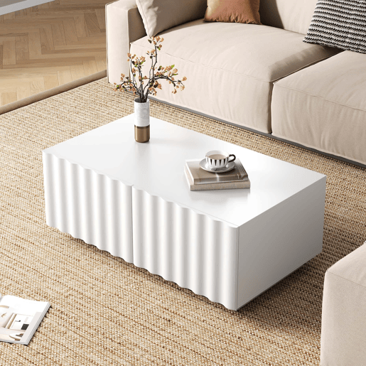 Mesa de centro sem especificações - design ondulado com duas gavetas, estilo moderno e minimalista com espaço de arrumação - branco Mesa de centro sem especificações - design ondulado com duas gavetas, estilo moderno e minimalista com espaço de arrumação - branco