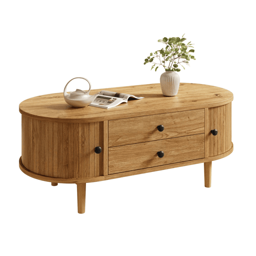 Mesa de centro moderna de estilo retro, oval, sem dimensões especificadas u2014 porta de correr, 2 gavetas, ranhuras verticais, pés de madeira, multifuncional u2014 carvalho Mesa de centro moderna de estilo retro, oval, sem dimensões especificadas u2014 porta de correr, 2 gavetas, ranhuras verticais, pés de madeira, multifuncional u2014 carvalho