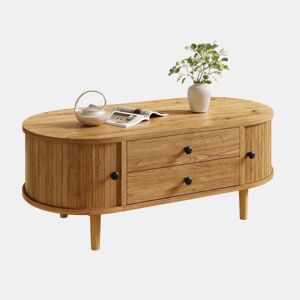 Mesa de centro moderna de estilo retro, oval, sem dimensões especificadas u2014 porta de correr, 2 gavetas, ranhuras verticais, pés de madeira, multifuncional u2014 carvalho