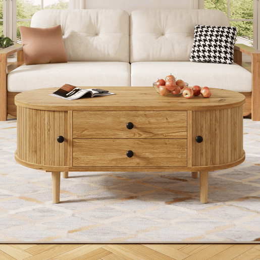 Mesa de centro moderna de estilo retro, oval, sem dimensões especificadas u2014 porta de correr, 2 gavetas, ranhuras verticais, pés de madeira, multifuncional u2014 carvalho Mesa de centro moderna de estilo retro, oval, sem dimensões especificadas u2014 porta de correr, 2 gavetas, ranhuras verticais, pés de madeira, multifuncional u2014 carvalho