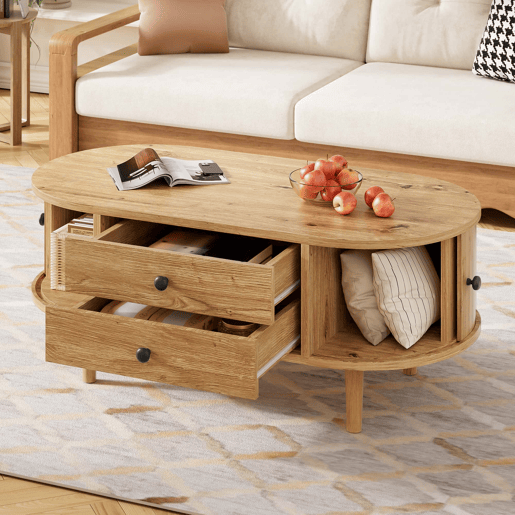 Mesa de centro moderna de estilo retro, oval, sem dimensões especificadas u2014 porta de correr, 2 gavetas, ranhuras verticais, pés de madeira, multifuncional u2014 carvalho Mesa de centro moderna de estilo retro, oval, sem dimensões especificadas u2014 porta de correr, 2 gavetas, ranhuras verticais, pés de madeira, multifuncional u2014 carvalho