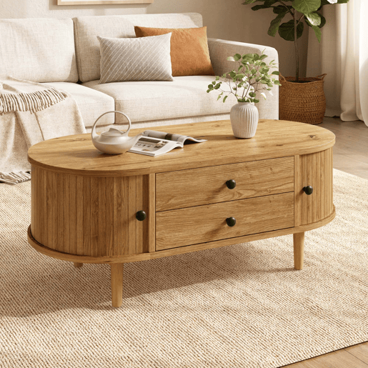 Mesa de centro moderna de estilo retro, oval, sem dimensões especificadas u2014 porta de correr, 2 gavetas, ranhuras verticais, pés de madeira, multifuncional u2014 carvalho Mesa de centro moderna de estilo retro, oval, sem dimensões especificadas u2014 porta de correr, 2 gavetas, ranhuras verticais, pés de madeira, multifuncional u2014 carvalho