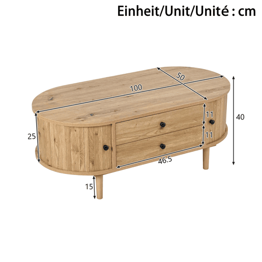 Mesa de centro moderna de estilo retro, oval, sem dimensões especificadas u2014 porta de correr, 2 gavetas, ranhuras verticais, pés de madeira, multifuncional u2014 carvalho Mesa de centro moderna de estilo retro, oval, sem dimensões especificadas u2014 porta de correr, 2 gavetas, ranhuras verticais, pés de madeira, multifuncional u2014 carvalho