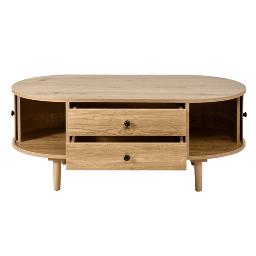 Mesa de centro moderna de estilo retro, oval, sem dimensões especificadas u2014 porta de correr, 2 gavetas, ranhuras verticais, pés de madeira, multifuncional u2014 carvalho Mesa de centro moderna de estilo retro, oval, sem dimensões especificadas u2014 porta de correr, 2 gavetas, ranhuras verticais, pés de madeira, multifuncional u2014 carvalho
