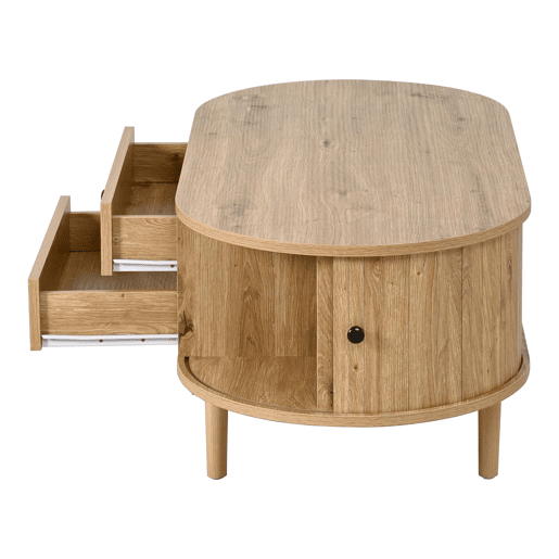 Mesa de centro moderna de estilo retro, oval, sem dimensões especificadas u2014 porta de correr, 2 gavetas, ranhuras verticais, pés de madeira, multifuncional u2014 carvalho Mesa de centro moderna de estilo retro, oval, sem dimensões especificadas u2014 porta de correr, 2 gavetas, ranhuras verticais, pés de madeira, multifuncional u2014 carvalho