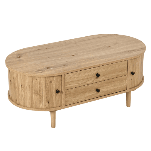 Mesa de centro moderna de estilo retro, oval, sem dimensões especificadas u2014 porta de correr, 2 gavetas, ranhuras verticais, pés de madeira, multifuncional u2014 carvalho Mesa de centro moderna de estilo retro, oval, sem dimensões especificadas u2014 porta de correr, 2 gavetas, ranhuras verticais, pés de madeira, multifuncional u2014 carvalho