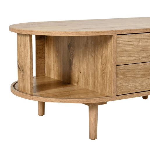 Mesa de centro moderna de estilo retro, oval, sem dimensões especificadas u2014 porta de correr, 2 gavetas, ranhuras verticais, pés de madeira, multifuncional u2014 carvalho Mesa de centro moderna de estilo retro, oval, sem dimensões especificadas u2014 porta de correr, 2 gavetas, ranhuras verticais, pés de madeira, multifuncional u2014 carvalho