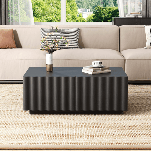 Mesa de centro sem especificações - design ondulado com duas gavetas, estilo minimalista moderno com espaço de arrumação - Preto Mesa de centro sem especificações - design ondulado com duas gavetas, estilo minimalista moderno com espaço de arrumação - Preto