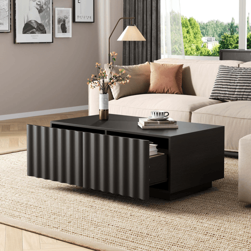 Mesa de centro sem especificações - design ondulado com duas gavetas, estilo minimalista moderno com espaço de arrumação - Preto Mesa de centro sem especificações - design ondulado com duas gavetas, estilo minimalista moderno com espaço de arrumação - Preto