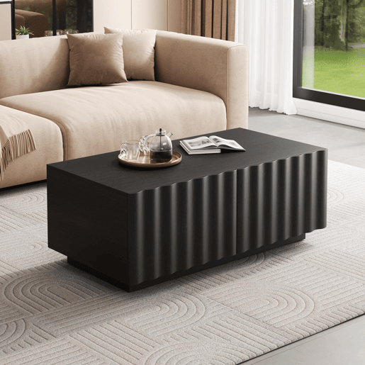 Mesa de centro sem especificações - design ondulado com duas gavetas, estilo minimalista moderno com espaço de arrumação - Preto Mesa de centro sem especificações - design ondulado com duas gavetas, estilo minimalista moderno com espaço de arrumação - Preto