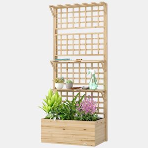 Jardineira com treliça e teto de madeira para plantas trepadeiras com 2 prateleiras, drenagem e forro, 76x43,5x177 cm, cor natural.