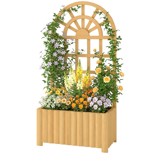Jardineira de madeira com treliça e sistema de drenagem para o cultivo de vegetais, flores e ervas, 60x30x120 cm, cor natural. Jardineira de madeira com treliça e sistema de drenagem para o cultivo de vegetais, flores e ervas, 60x30x120 cm, cor natural.