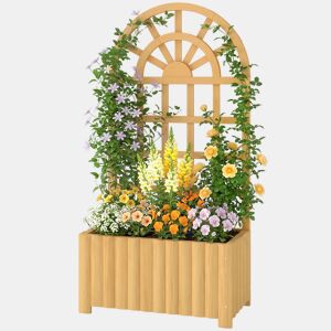 Jardineira de madeira com treliça e sistema de drenagem para o cultivo de vegetais, flores e ervas, 60x30x120 cm, cor natural.