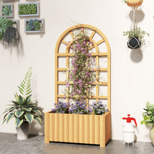 Jardineira de madeira com treliça e sistema de drenagem para o cultivo de vegetais, flores e ervas, 60x30x120 cm, cor natural. Jardineira de madeira com treliça e sistema de drenagem para o cultivo de vegetais, flores e ervas, 60x30x120 cm, cor natural.