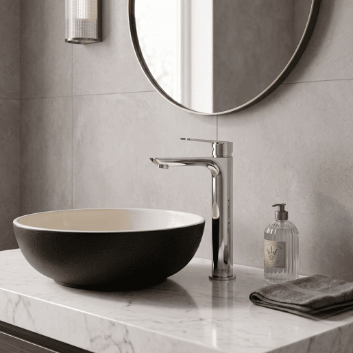 Torneira monocomando alta para lavatório, modelo Mississippi Chrome, em aço inoxidável 304, para água quente e fria.