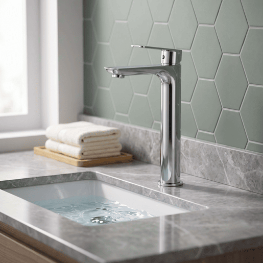 Torneira monocomando alta para lavatório, modelo Mississippi Chrome, em aço inoxidável 304, para água quente e fria.