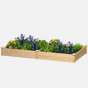 Jardineira elevada de madeira para jardinagem urbana com divisória e base aberta, 235x121x26 cm, cor natural.