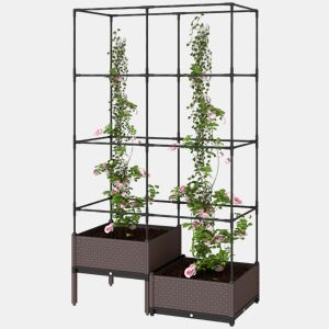 Vaso com treliça metálica para plantas trepadeiras, 2 vasos de PP com furos de drenagem, 100x50x174 cm, preto