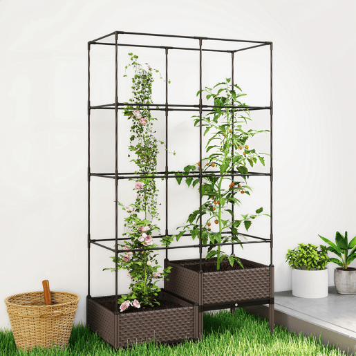 Vaso com treliça metálica para plantas trepadeiras, 2 vasos de PP com furos de drenagem, 100x50x174 cm, preto Vaso com treliça metálica para plantas trepadeiras, 2 vasos de PP com furos de drenagem, 100x50x174 cm, preto