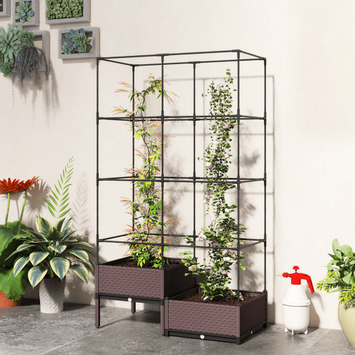 Vaso com treliça metálica para plantas trepadeiras, 2 vasos de PP com furos de drenagem, 100x50x174 cm, preto Vaso com treliça metálica para plantas trepadeiras, 2 vasos de PP com furos de drenagem, 100x50x174 cm, preto