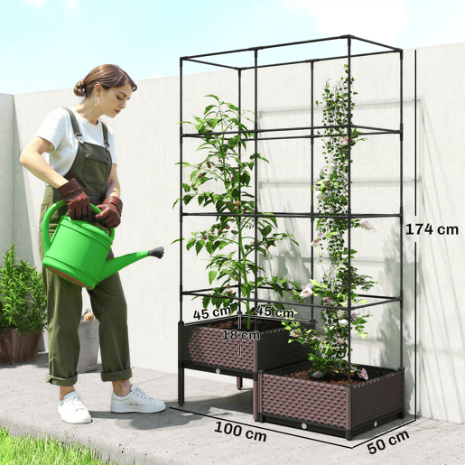 Vaso com treliça metálica para plantas trepadeiras, 2 vasos de PP com furos de drenagem, 100x50x174 cm, preto Vaso com treliça metálica para plantas trepadeiras, 2 vasos de PP com furos de drenagem, 100x50x174 cm, preto