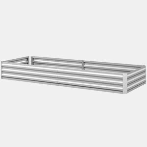 Vaso retangular grande em aço galvanizado para exterior, com base aberta, 241 x 90,5 x 30 cm, cor prata.