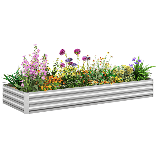 Vaso retangular grande em aço galvanizado para exterior, com base aberta, 241 x 90,5 x 30 cm, cor prata. Vaso retangular grande em aço galvanizado para exterior, com base aberta, 241 x 90,5 x 30 cm, cor prata.