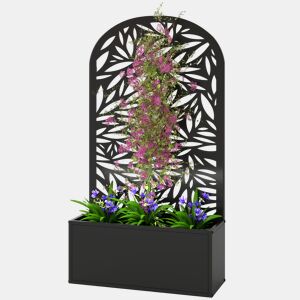 Vaso de plantas com divisória de metal curvada em formato de folha para privacidade e opção de montagem na parede, 61x23x113 cm, preto.