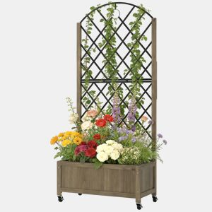 Vaso de madeira com treliça metálica e rodas para plantas trepadeiras, vaso elevado para flores 72x36x168 cm, carbonizado