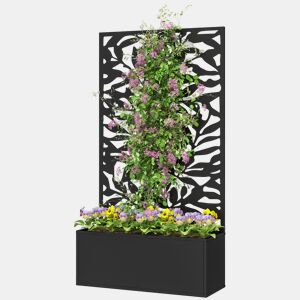 Jardineira elevada com painel decorativo de metal em formato de folha para privacidade e opção de montagem na parede, 61x23x113 cm, preta.