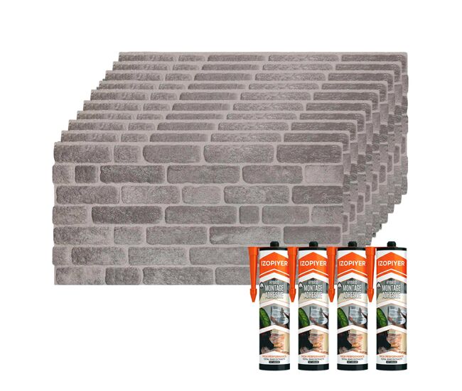 Set de 10 paneles de pared decorativos efecto 3d ladrillo gris urbano fabricados en eps + 4 botes de adhesivo de montaje de alta resistencia