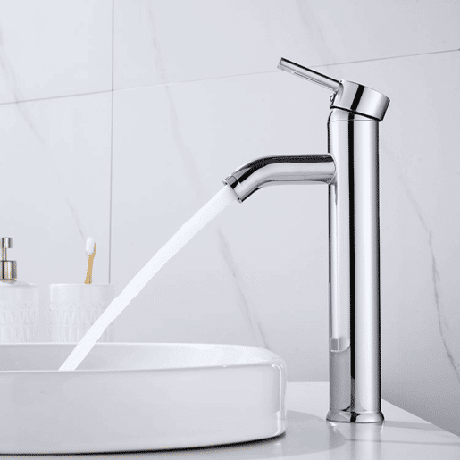 Torneira monocomando alta para lavatório, modelo Lofe, cromada, em aço inoxidável 304, para água quente e fria.