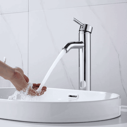 Torneira monocomando alta para lavatório, modelo Lofe, cromada, em aço inoxidável 304, para água quente e fria.