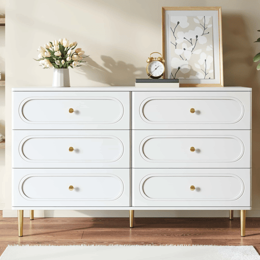 Cómoda com 6 gavetas ovais de 200 cm u2013 design moderno com pés metálicos e espaço de arrumação para a sala u2013 branco Cómoda com 6 gavetas ovais de 200 cm u2013 design moderno com pés metálicos e espaço de arrumação para a sala u2013 branco