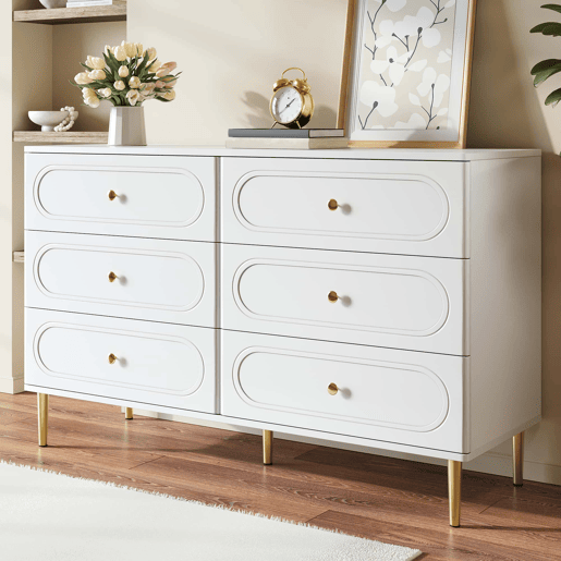 Cómoda com 6 gavetas ovais de 200 cm u2013 design moderno com pés metálicos e espaço de arrumação para a sala u2013 branco Cómoda com 6 gavetas ovais de 200 cm u2013 design moderno com pés metálicos e espaço de arrumação para a sala u2013 branco