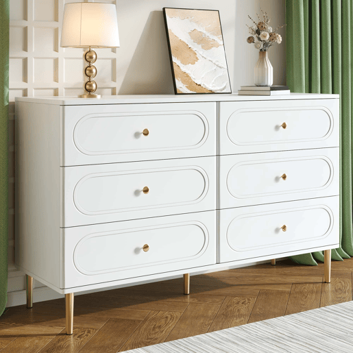 Cómoda com 6 gavetas ovais de 200 cm u2013 design moderno com pés metálicos e espaço de arrumação para a sala u2013 branco Cómoda com 6 gavetas ovais de 200 cm u2013 design moderno com pés metálicos e espaço de arrumação para a sala u2013 branco