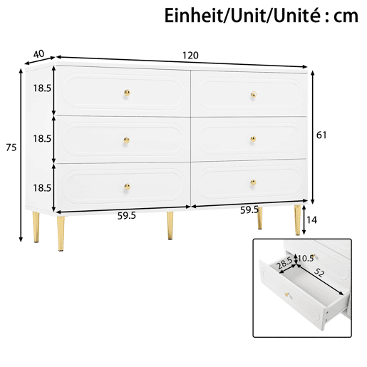 Cómoda com 6 gavetas ovais de 200 cm u2013 design moderno com pés metálicos e espaço de arrumação para a sala u2013 branco Cómoda com 6 gavetas ovais de 200 cm u2013 design moderno com pés metálicos e espaço de arrumação para a sala u2013 branco