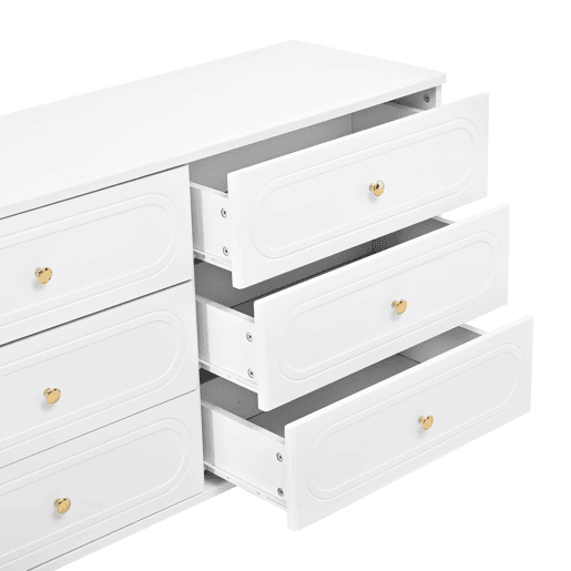 Cómoda com 6 gavetas ovais de 200 cm u2013 design moderno com pés metálicos e espaço de arrumação para a sala u2013 branco Cómoda com 6 gavetas ovais de 200 cm u2013 design moderno com pés metálicos e espaço de arrumação para a sala u2013 branco