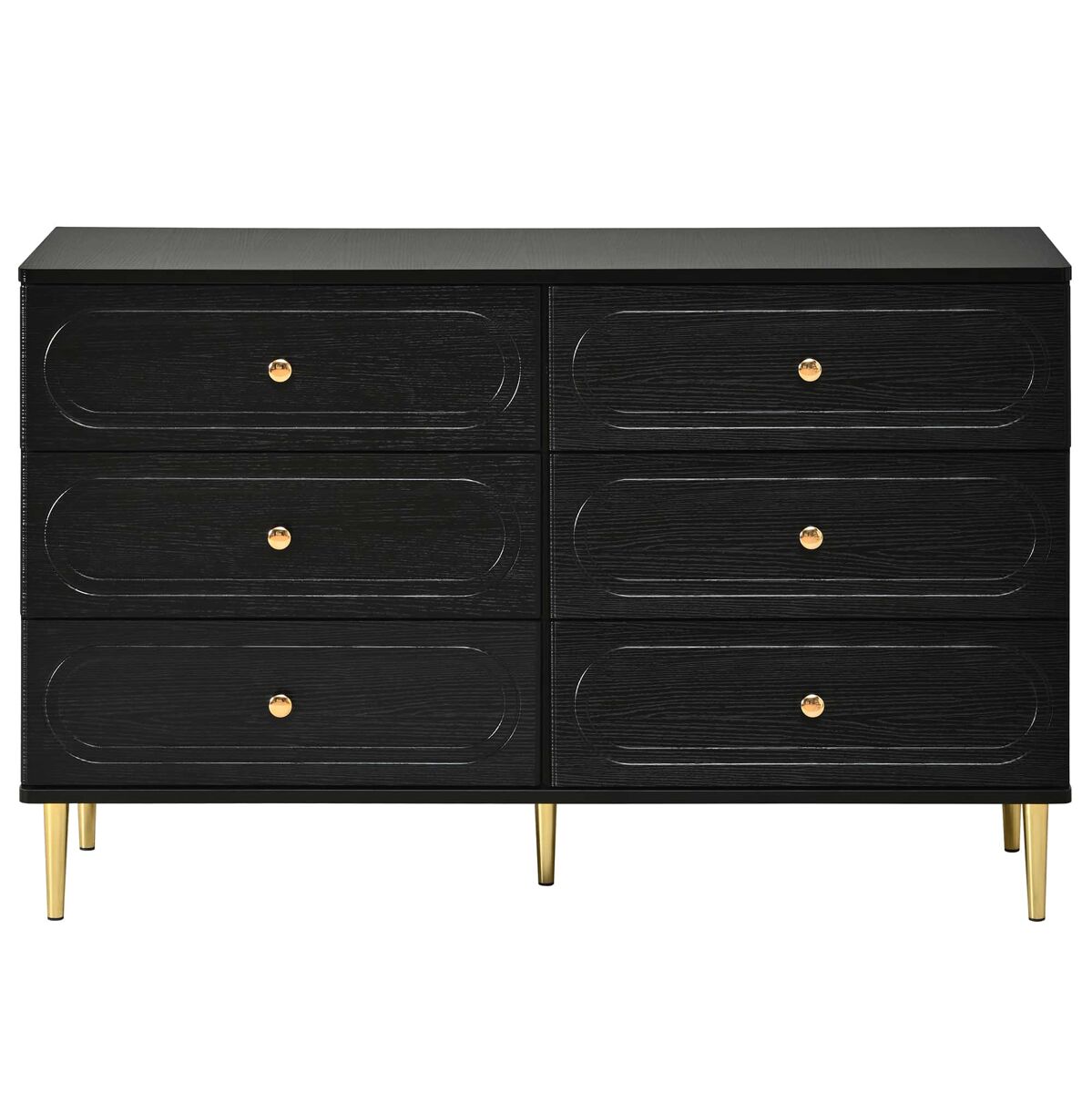 aparador 120 cm - 6 cajones hendiduras ovaladas patas metalicas armario de almacenamiento moderno para salon - negro