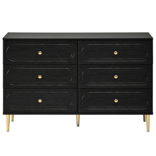 Aparador de 120 cm - 6 gavetas, recortes ovais, pés metálicos, armário de arrumação moderno para a sala de estar - Preto Aparador de 120 cm - 6 gavetas, recortes ovais, pés metálicos, armário de arrumação moderno para a sala de estar - Preto