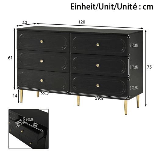 Aparador de 120 cm - 6 gavetas, recortes ovais, pés metálicos, armário de arrumação moderno para a sala de estar - Preto Aparador de 120 cm - 6 gavetas, recortes ovais, pés metálicos, armário de arrumação moderno para a sala de estar - Preto