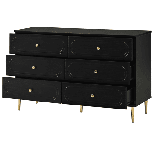 Aparador de 120 cm - 6 gavetas, recortes ovais, pés metálicos, armário de arrumação moderno para a sala de estar - Preto Aparador de 120 cm - 6 gavetas, recortes ovais, pés metálicos, armário de arrumação moderno para a sala de estar - Preto