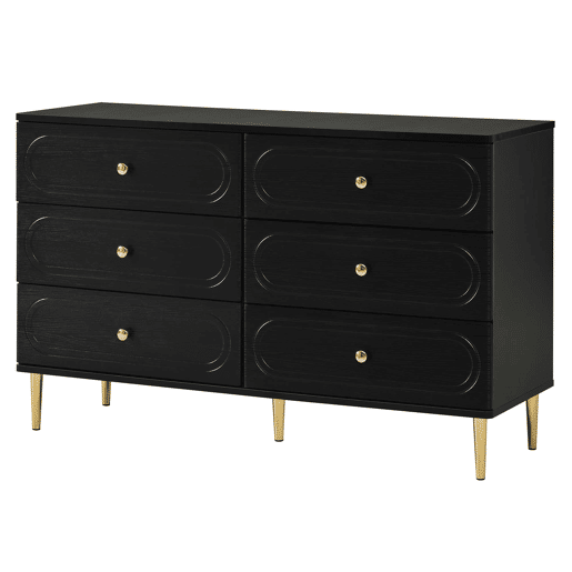 Aparador de 120 cm - 6 gavetas, recortes ovais, pés metálicos, armário de arrumação moderno para a sala de estar - Preto Aparador de 120 cm - 6 gavetas, recortes ovais, pés metálicos, armário de arrumação moderno para a sala de estar - Preto