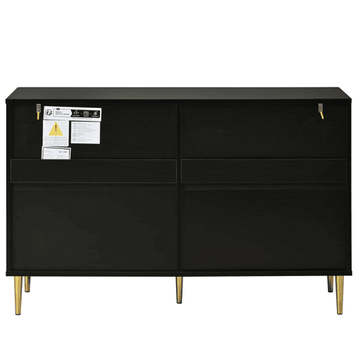 Aparador de 120 cm - 6 gavetas, recortes ovais, pés metálicos, armário de arrumação moderno para a sala de estar - Preto Aparador de 120 cm - 6 gavetas, recortes ovais, pés metálicos, armário de arrumação moderno para a sala de estar - Preto