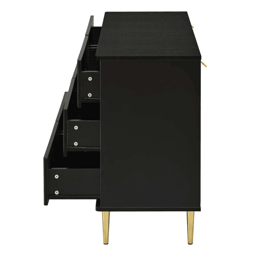 Aparador de 120 cm - 6 gavetas, recortes ovais, pés metálicos, armário de arrumação moderno para a sala de estar - Preto Aparador de 120 cm - 6 gavetas, recortes ovais, pés metálicos, armário de arrumação moderno para a sala de estar - Preto